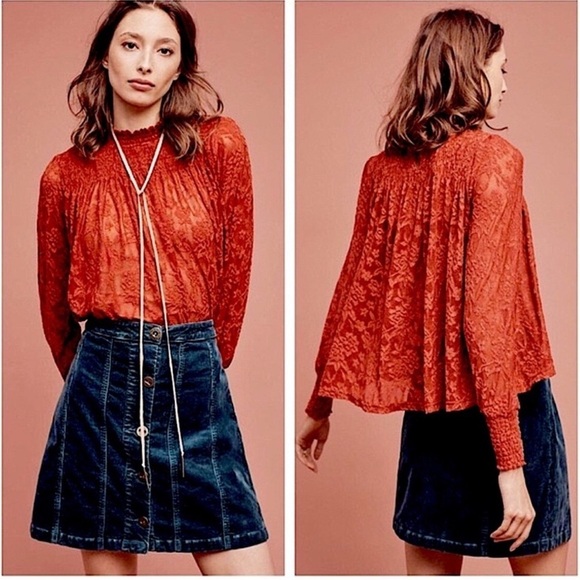 Deletta Tops - Deletta Anthropologie Rust Amana Burnout Sheer Smocked Mock Neck Top size small